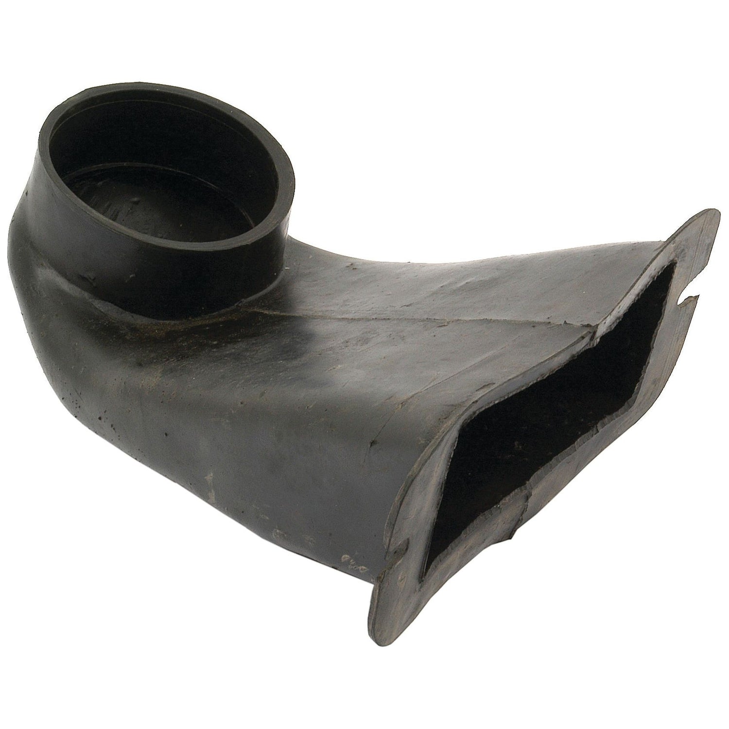 A black rubber automotive duct with a round inlet and a rectangular outlet, similar to the Breather Hose from Sparex (Part No. S.43724), commonly found in Landini or Massey Ferguson machinery.