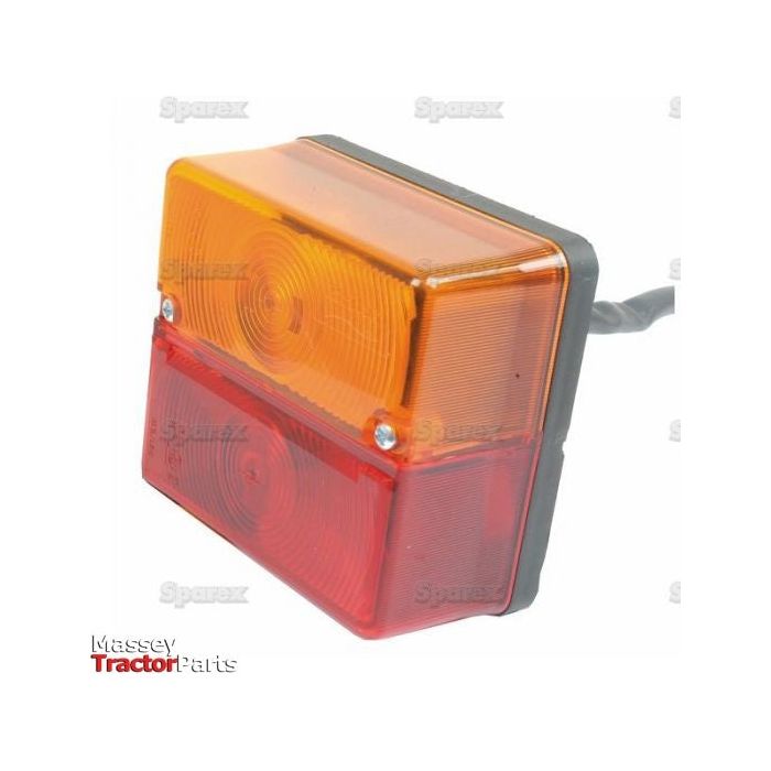 This Sparex Rear Combination Light (Halogen) features a square design with an orange top and red bottom and is designed for Brake/Tail/Indicator functions. It is attached to a black cable, set against a plain white background with faint branding text. This versatile light, identified by the product code S.57355, is suitable for both RH & LH applications and operates at 12V.