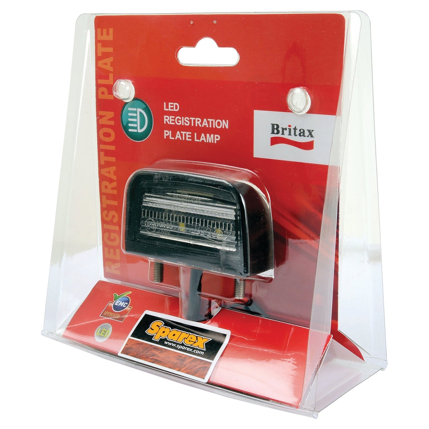 Clear plastic box containing a Sparex LED Number Plate Light, 12-24V (S.26604), with labels and logos on a red background. The product is primarily black with a visible wiring connector.