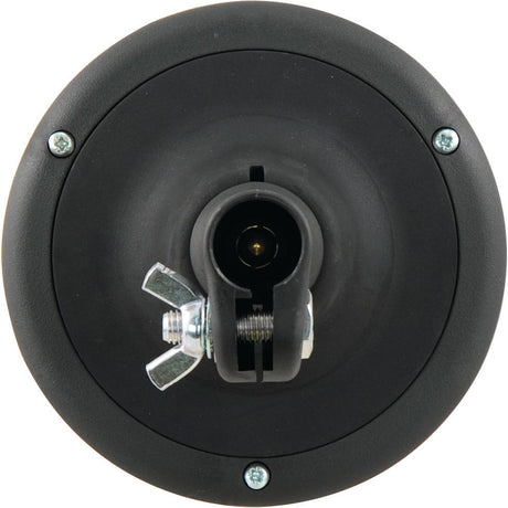 The Sparex Rotating Halogen Beacon, Flexible Pin, 12V - S.153112 features a black round base with a central cylindrical component and two wing screws on opposite sides. It is securely mounted on a circular plate with four screws and boasts an IP55 rating for enhanced durability.