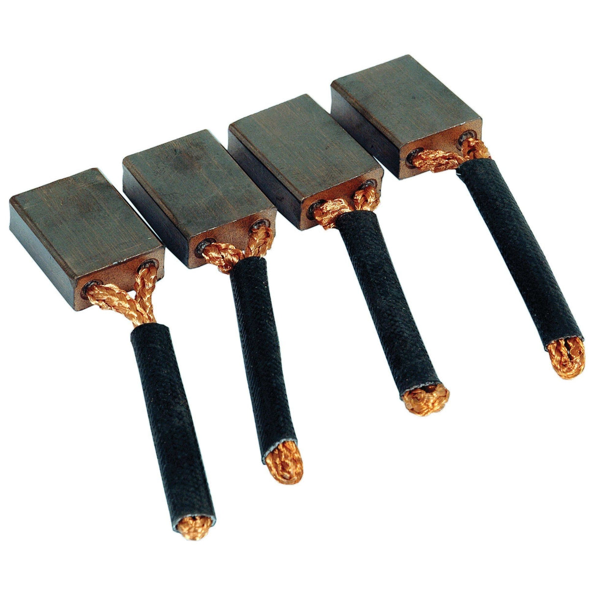 The Brush Set | Sparex Part No.S.41154, featuring four carbon brushes with attached copper braided wires and protective sleeves, is laid side by side on a white background. Perfectly suited for Case IH machinery, this Sparex set ensures efficient performance and durability.