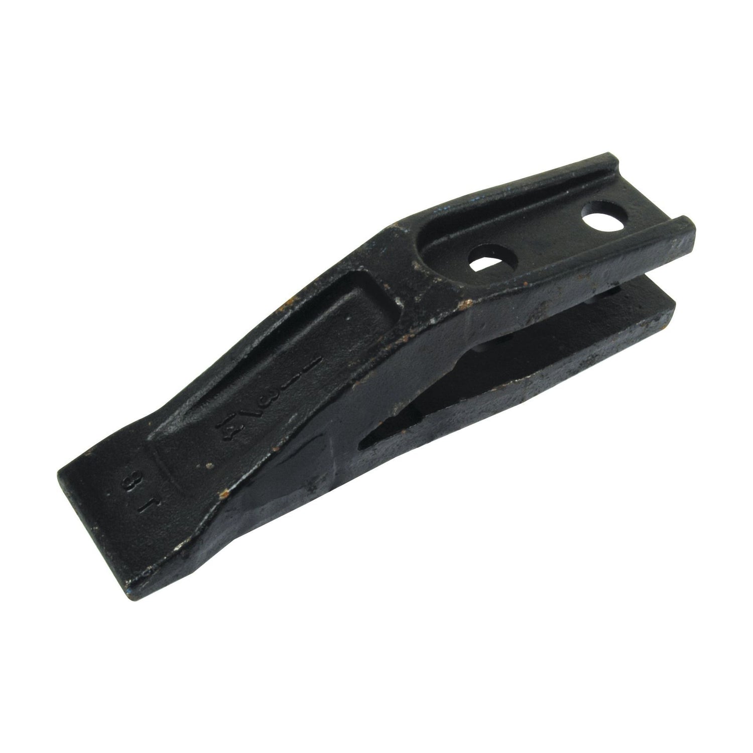 A Sparex Bucket Tooth, Centre Tooth Replacement for Fermec and Massey Ferguson (part number 1462201M1 | Sparex Part No. S.59753), featuring a black metal body with two bolt holes and a pointed end, ideal for attachment to digging equipment used with Massey Ferguson machinery.