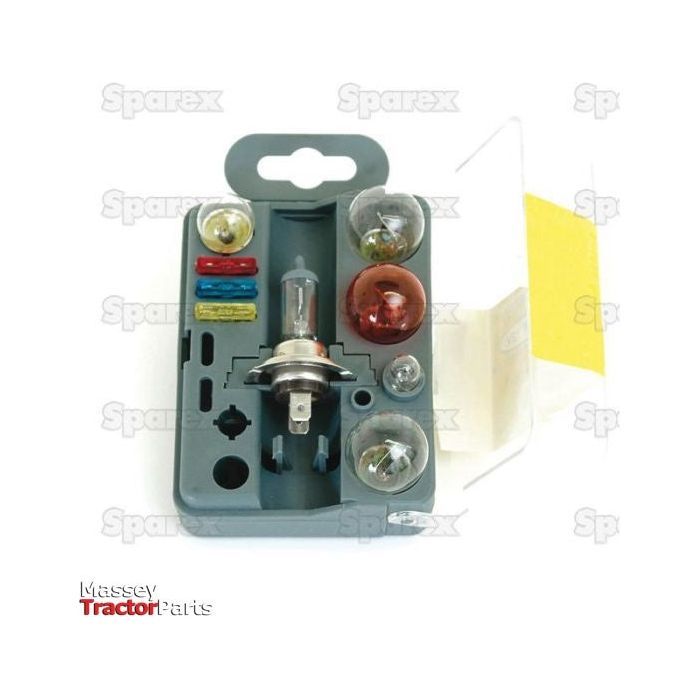 The Sparex Bulb Reserve Pack 12V / H7, also known as Sparex Part No.S.31129, is a plastic case containing various 12V vehicle light bulbs, including H7 Halogen types, fuses, and spare parts. The items are neatly arranged in designated compartments.