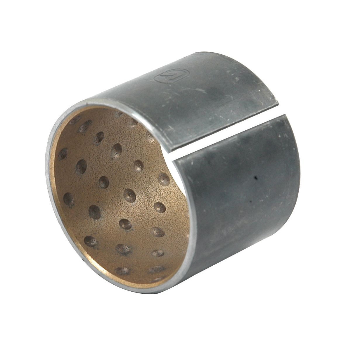 A Sparex Bush, measuring 25.4mm (1'') in length with an inner diameter of 28.74mm (1 1/8'') and an outer diameter of 31.75mm (1 1/4''), featuring a split in the side and holes on the inner surface, is designed for Bush-Brake Shaft applications in Ford / New Holland vehicles, model number S.61475.