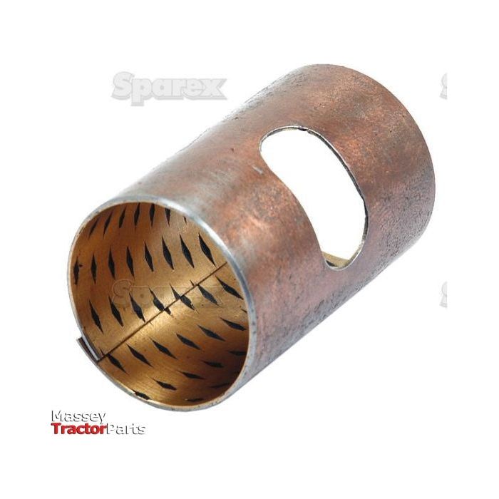 This bronze bushing, featuring a rectangular cutout and engraved lines visible inside, measures 38.1mm (1 1/2'') in length with an inner diameter of 25.4mm (1'') and an outer diameter of 28.57mm (1 1/8''). Labeled as Sparex Part No. S.66365 and Massey Tractor Parts, it is suitable for Ford New Holland models.