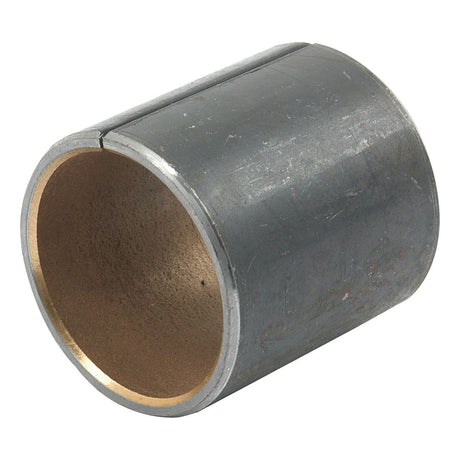 The Spindle Bush | Sparex Part No.S.40223 is a cylindrical metal bush with an open seam along its length, featuring a worn, textured exterior and a smooth inner surface, commonly found in Massey Ferguson machinery and manufactured by Sparex.