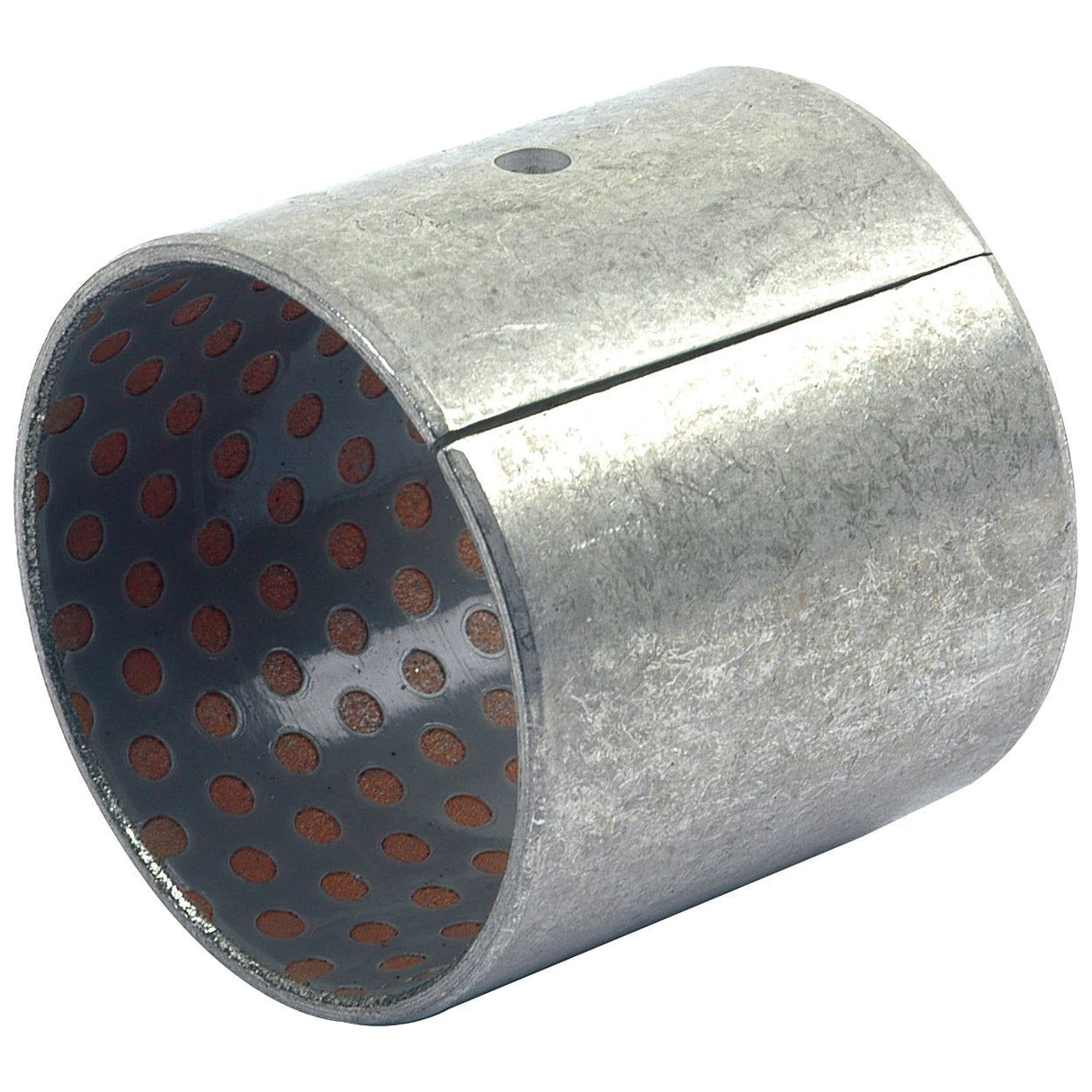 A Sparex cylindrical metal bushing, specifically the Bush | Sparex Part No.S.43334, features a side split and a perforated inner surface. It is designed for use in Massey Ferguson drive shafts.