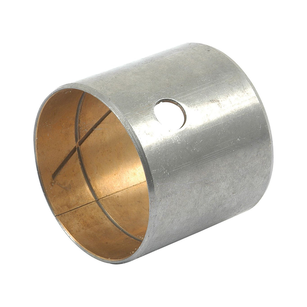 The Sparex Axle Pivot Pin Bush - S.57746 is a cylindrical metal bushing featuring a 53.5mm hole on its side and a smooth interior lining, making it ideal for precision fittings.