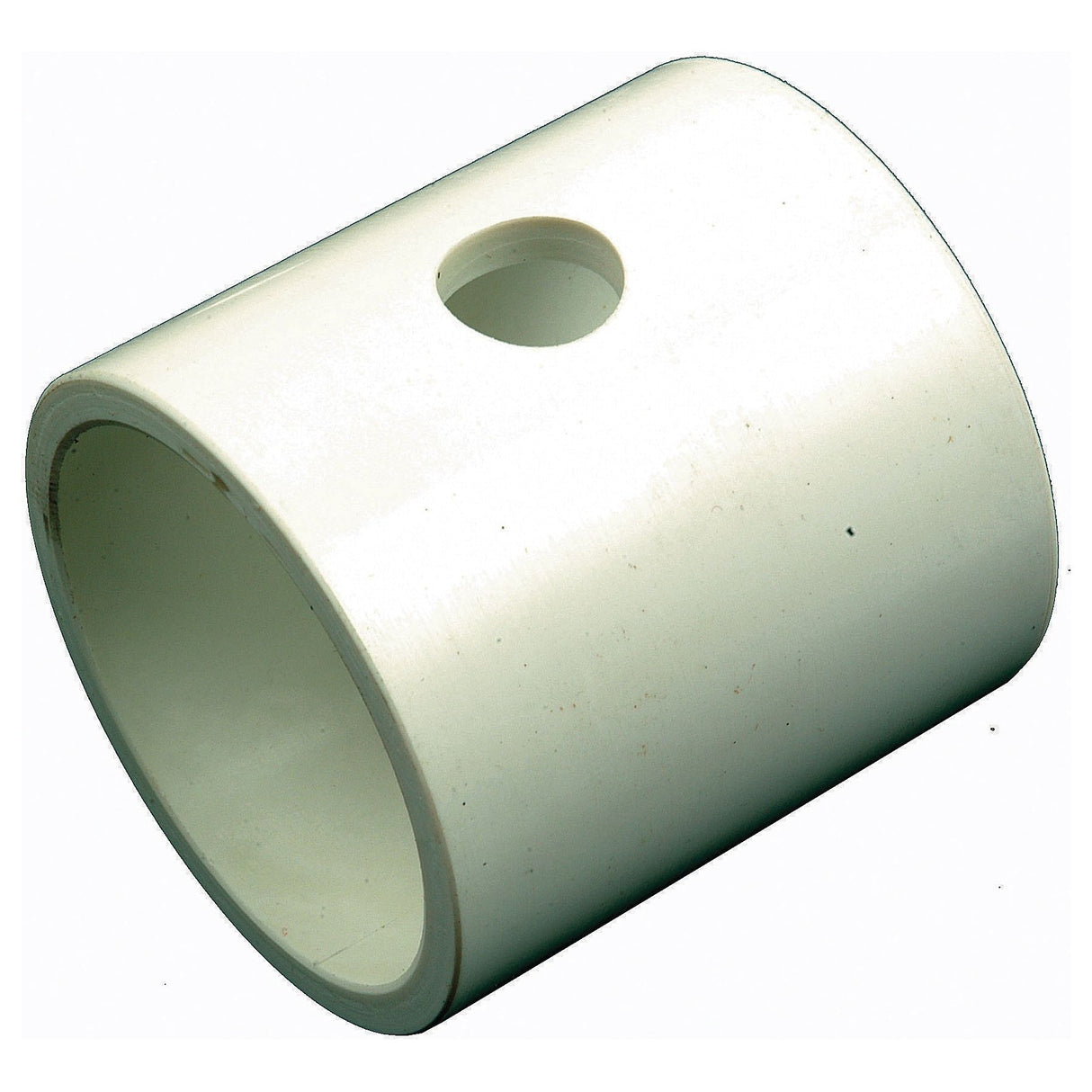 A white cylindrical plastic pipe connector with a single circular hole in the middle, marked by Sparex for easy identification, known as the Axle Pivot Pin Bush - S.57748.