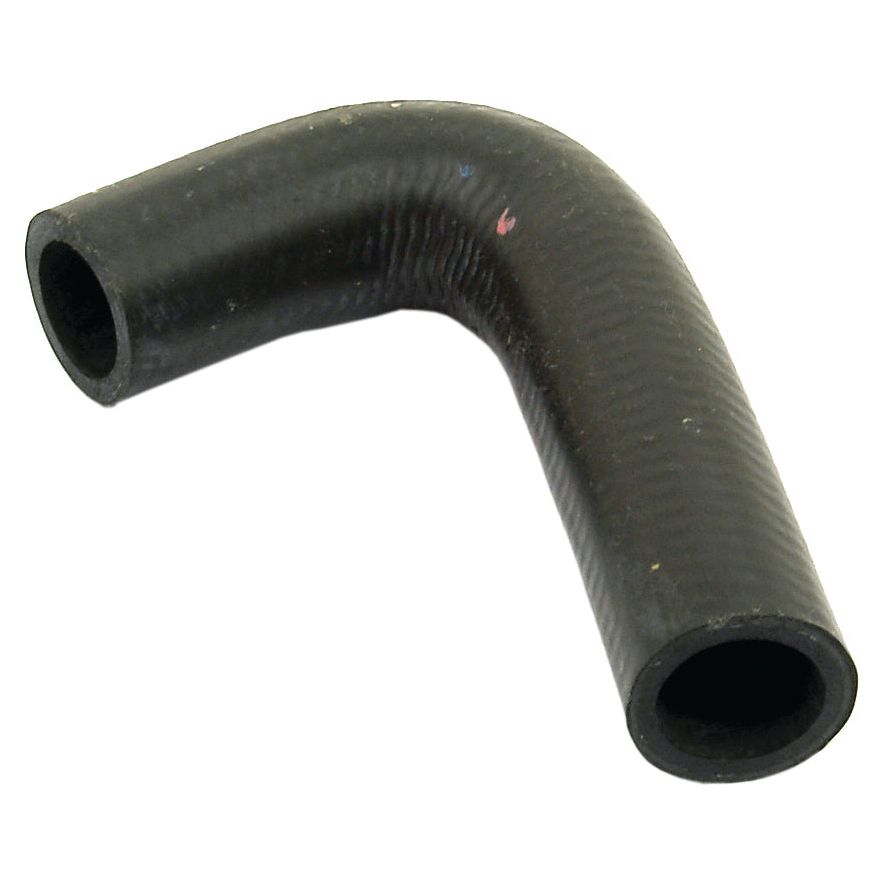 A 90-degree bent black rubber bypass hose (Inner Ø of Hose Smaller End: 21mm, Inner Ø of Hose Bigger End: 21mm) secured with a durable hose clip, perfect for use in Massey Ferguson machinery; Sparex Part No. S.41528 by Sparex.