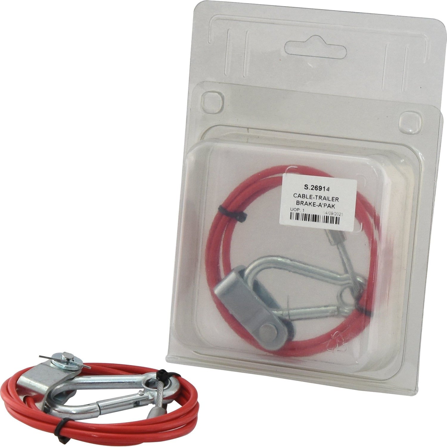 Packaged Sparex Trailer Emergency Brake Cable (Part No.S.26914) and an identical loose cable next to it, featuring metal hooks and black ties.