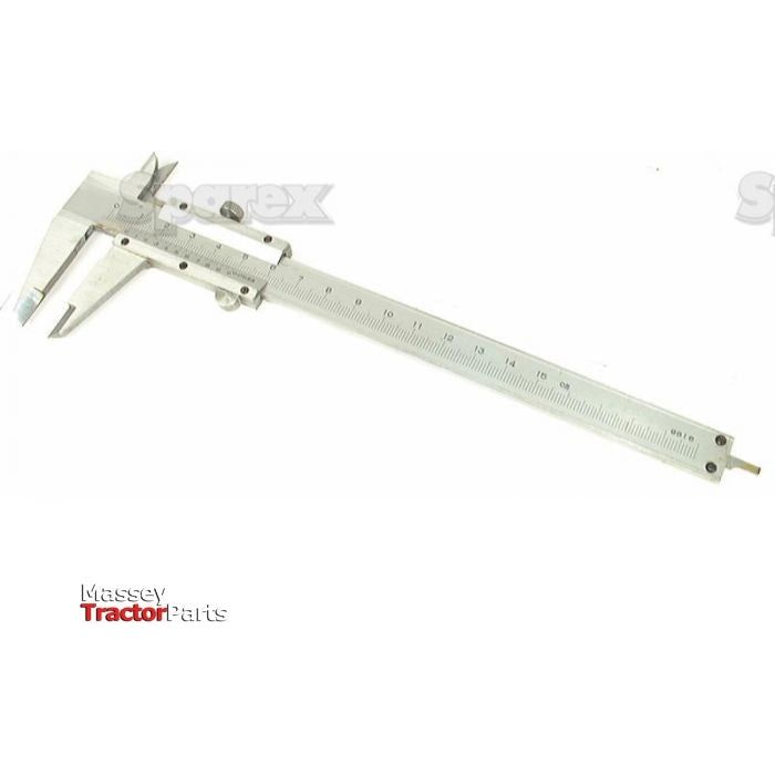 A metal caliper gauge with a sliding secondary scale and main ruler marked in both centimeters and inches, capable of measuring up to 0-150mm. The text "Massey Tractor Parts" is visible in the bottom left corner. The product is the Caliper Gauge (0-150mm) (0-6'') | Sparex Part No.S.5013 from the brand Sparex.