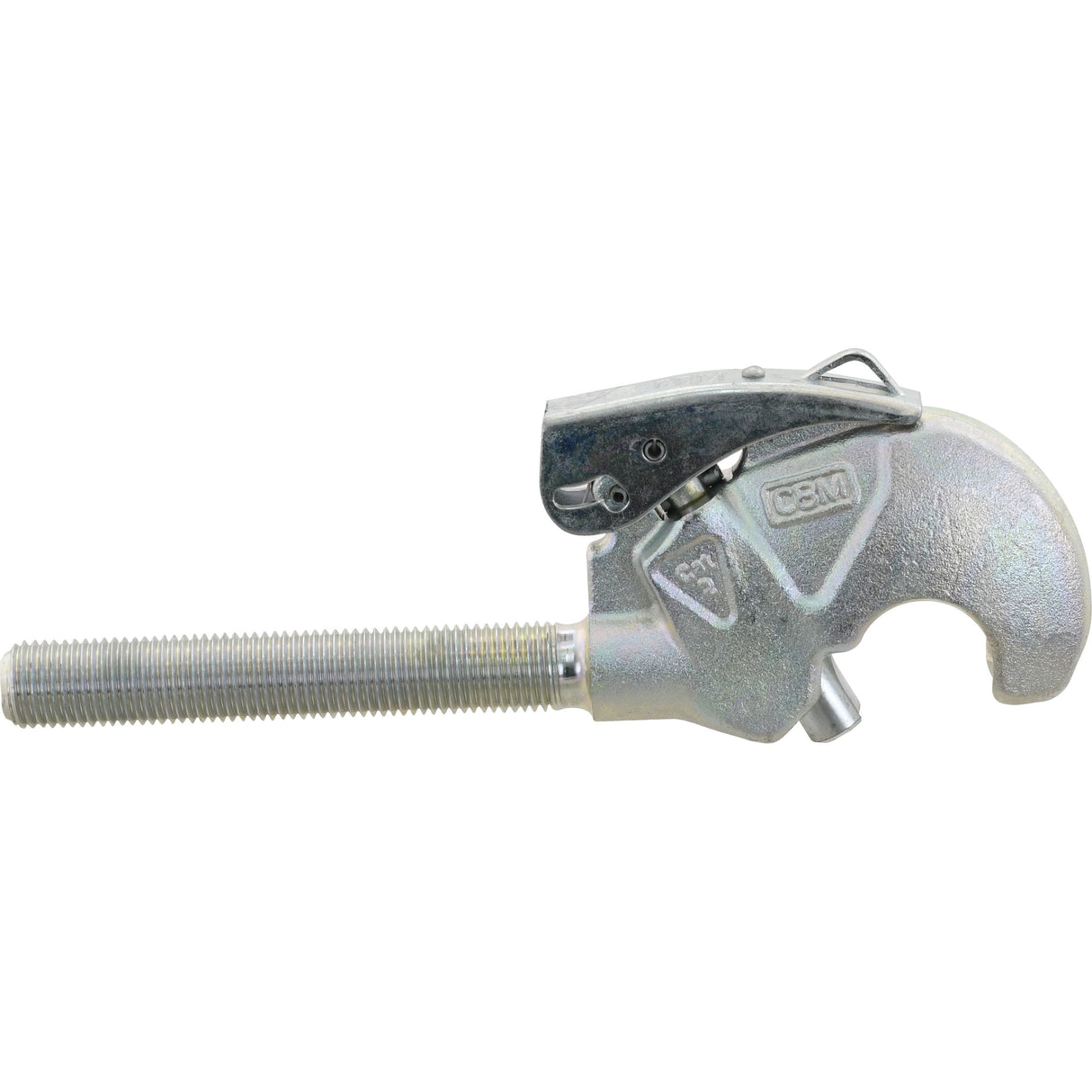 A metal clamp with a threaded bolt, featuring a hook-like design and labeled with “Top Link Forged Hook - Cat. 2, Thread size: M27 x 3.00 (RH) - S.33053” from Sparex; for detailed product specifications, please refer to the attached documentation.
