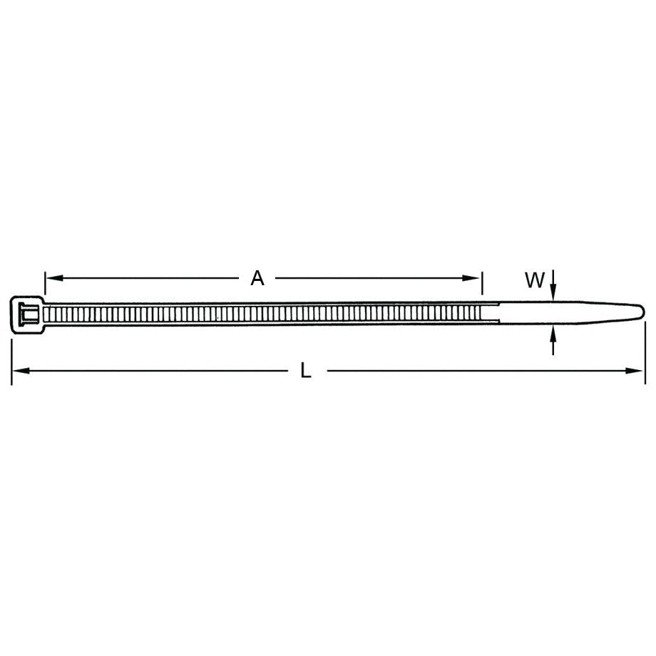 Diagram of the Sparex Cable Tie - Non Releasable, 200mm x 2.5mm (Sparex Part No. S.22720) showing labeled dimensions: length (L), width (W), and distance from the locking head to the end of the serrated section (A).