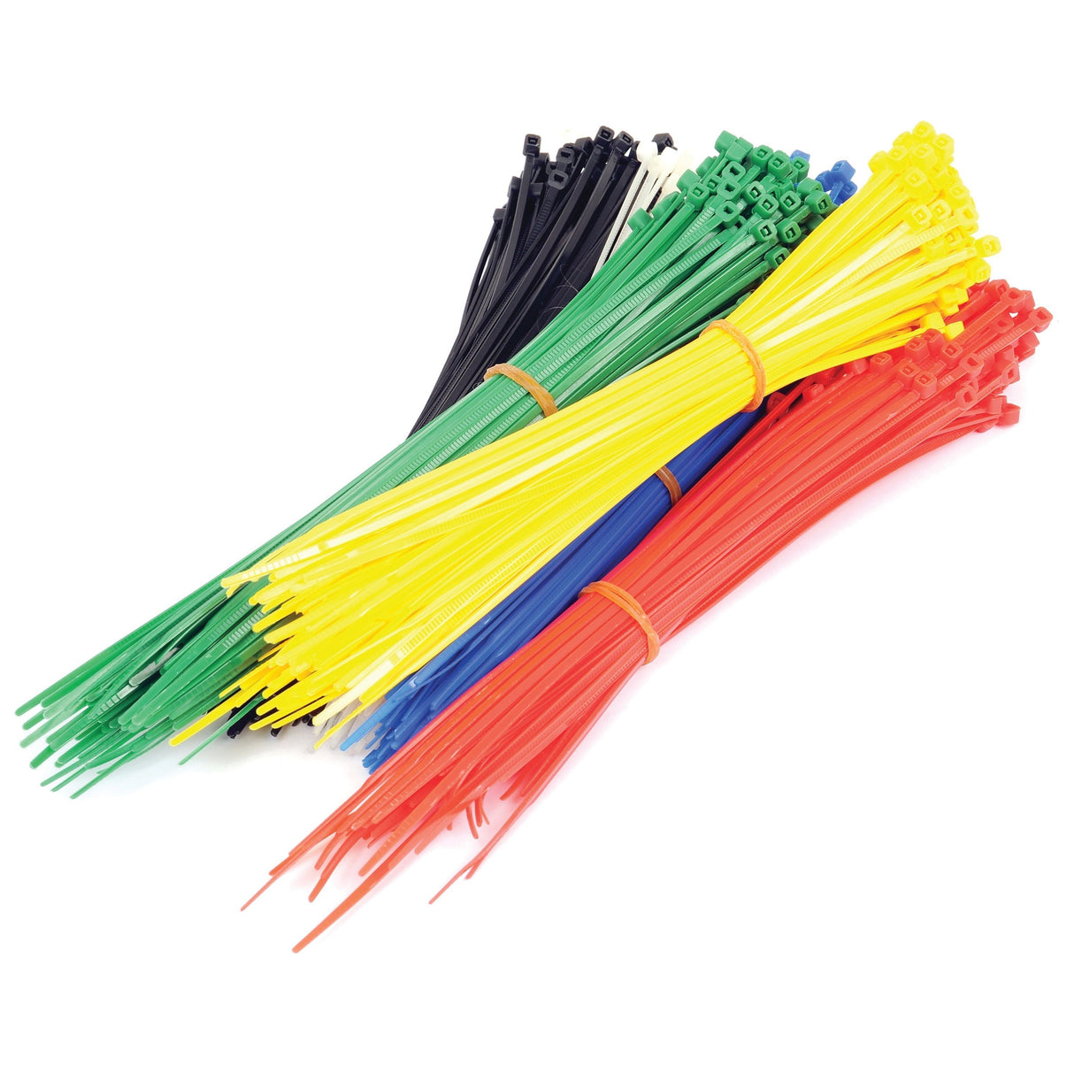 Bundled piles of Sparex Part No. S.22720 multicolored, non-releasable cable ties in green, black, yellow, blue, and red (200mm x 2.5mm), secured with rubber bands.
