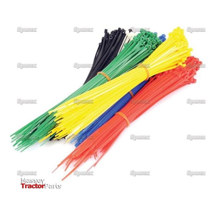 A bundle of multicolored (green, yellow, blue, red, and black) 200mm x 2.5mm Cable Ties from Sparex (Part No. S.22720) placed on a white background. The Sparex and Massey Tractor Parts logos are visible in the background. These non-releasable ties ensure secure fastening for various applications.