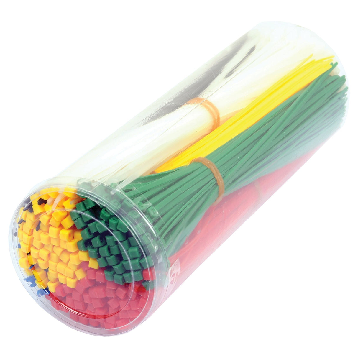 A clear plastic container from Sparex (Product Name: Cable Tie - Non Releasable, 200mm x 2.5mm | Sparex Part No.S.22720) holds various colored cable ties—yellow, green, red, and white—bundled separately with rubber bands. Each cable tie measures 200mm x 2.5mm.