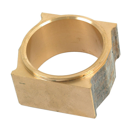 The Cam Block (Sparex Part No.S.40857), a brass bushing from Sparex featuring a cylindrical center and square base, is commonly used in Massey Ferguson machinery to reduce friction between mechanical parts.