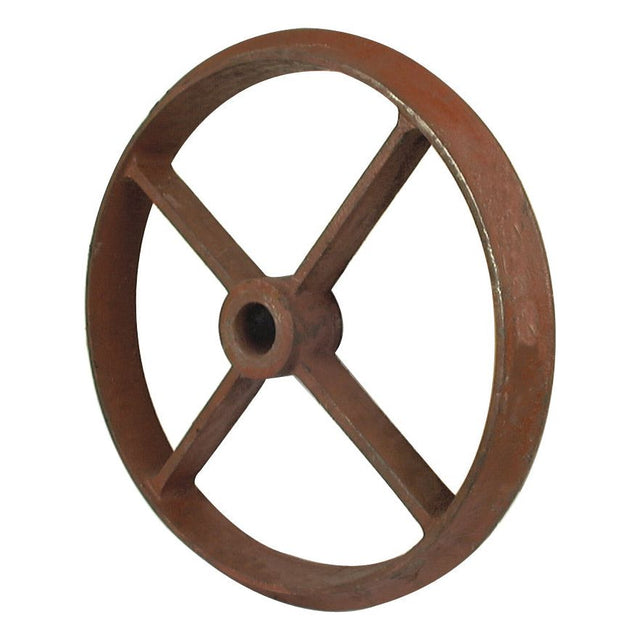Image of a brown, metal, spoked wheel with a central hub and four spokes. The wheel, resembling a Cambridge roll ring, is shown at an angle against a plain background. Ideal as a replacement part for Universal Tractors, this component is the Sparex Cambridge roll ring Ø24x3x2'' | Sparex Part No.S.77202.