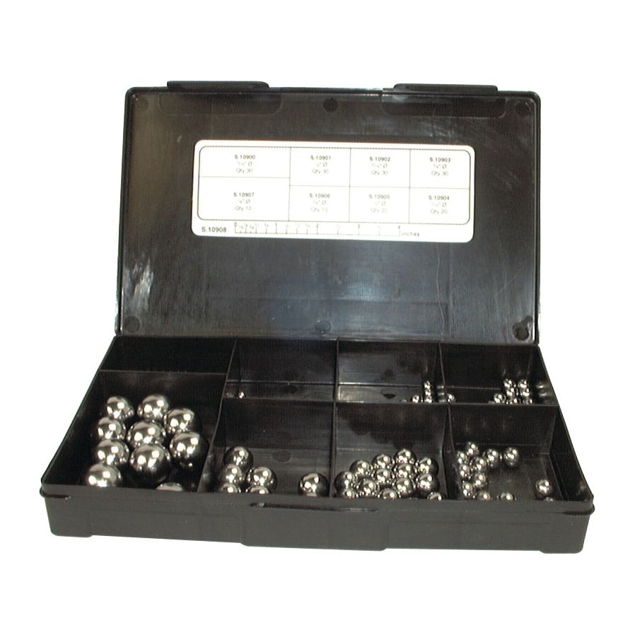 A Handipak black plastic case with various compartments containing a Sparex Carbon Steel Ball Bearing Kit - Imperial ⌀3/16 to 7/8'' (S.10908).