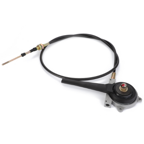The AGCO Massey Ferguson - Casing - 4296055M92, featuring a black sheathed cable, metal connectors, and a mounting bracket, is an essential part for Massey Ferguson tractors.