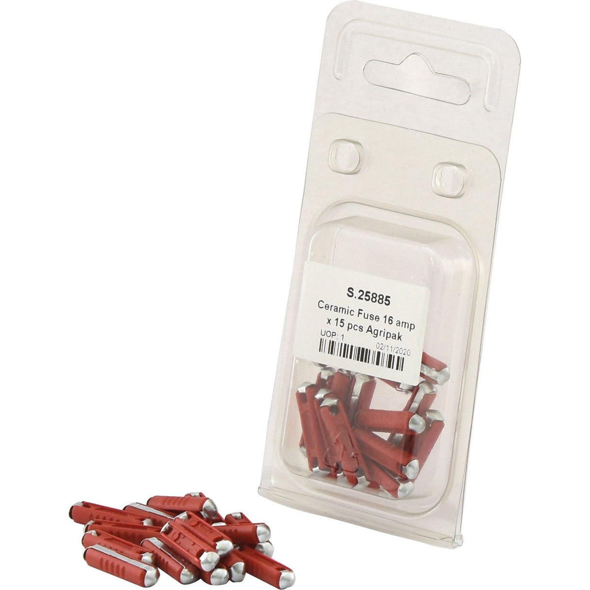A clear plastic container holds red ceramic fuses labeled "Ceramic Fuse 16 Amps 15 pcs. Agripak | Sparex Part No.S.25885" by Sparex, with a scattered pile of similar porcelain fuses placed in front of it.