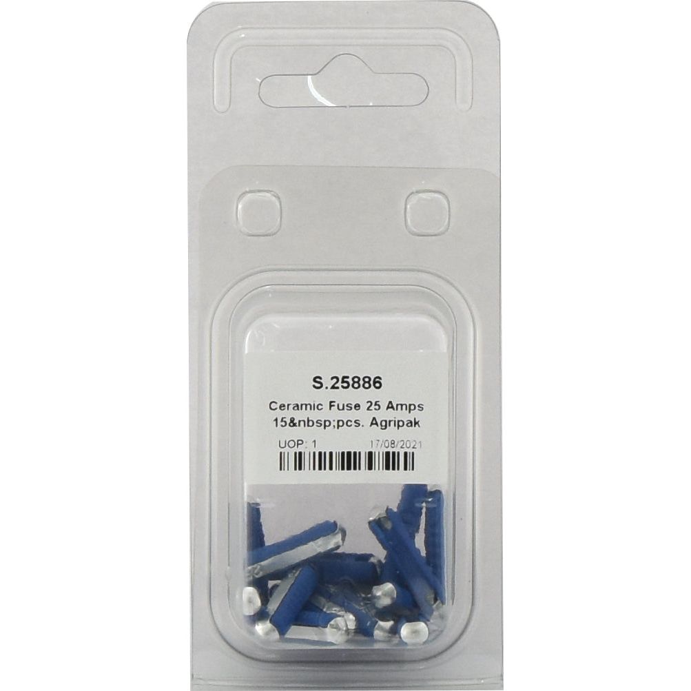 A blister pack of fifteen 25-amp ceramic fuses labeled "Ceramic Fuse 25 Amps 15 pcs. Agripak | Sparex Part No.S.25886" by Sparex.