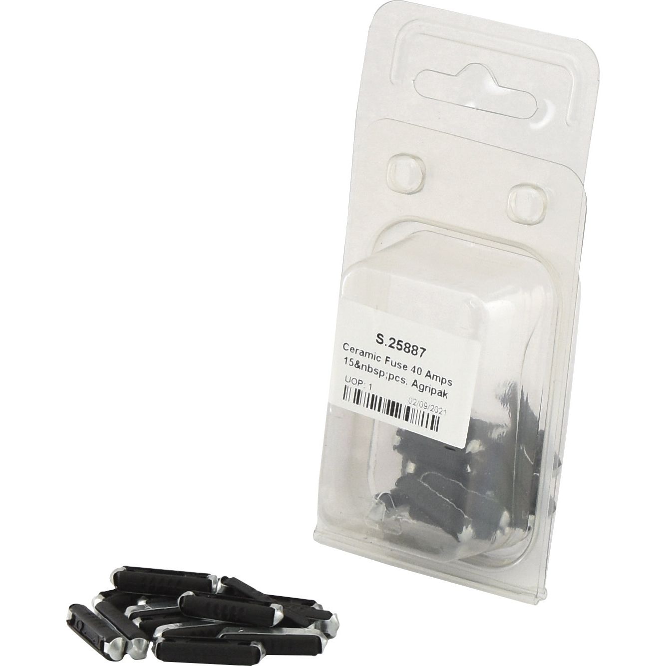 A pack of Sparex Ceramic Fuse 40 Amps 15 pcs. Agripak (Part No. S.25887) labeled "40 Amps" sits alongside several loose fuses on a white background.