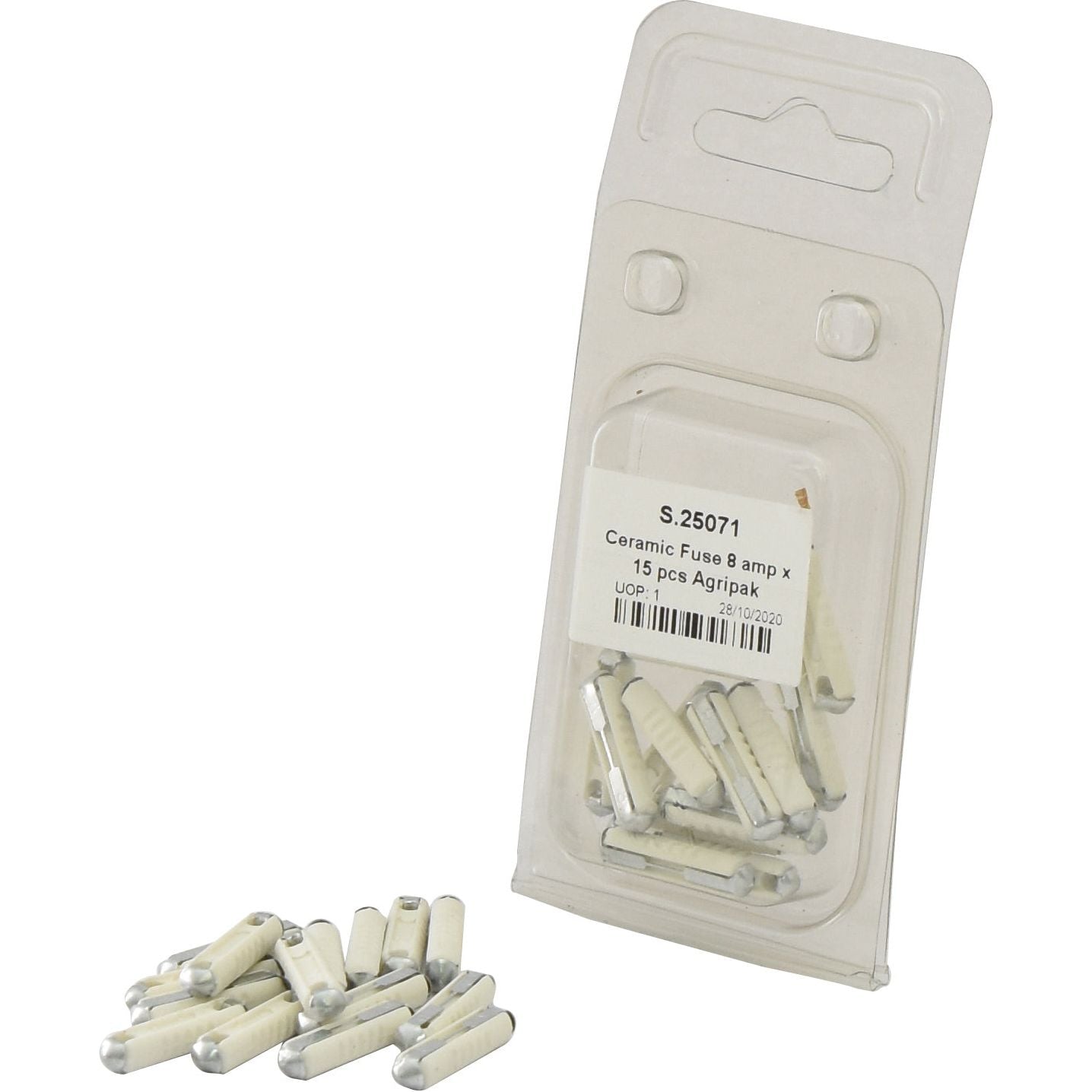 A package of ceramic fuses, labeled "Ceramic Fuse 8.0 Amps 15 pcs. Agripak | Sparex Part No.S.25071," with several individual fuses from Sparex scattered in front.