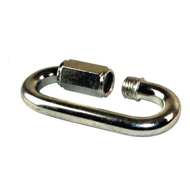 A metal carabiner with a screw-lock mechanism is partially opened, revealing the threaded section and attached to a sturdy Chain Quick Link Ø14mm (Sparex Part No. S.2844) from Sparex.