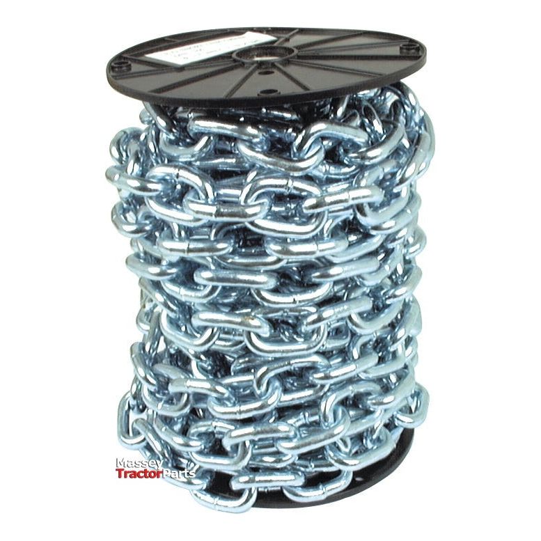 A spool of thick, heavy-duty short link chains made from mild steel and zinc plated for durability, wrapped around a black reel. The label partially visible at the top reads "Short Link Chain 10 x 53 x 35mm x 12M - S.55529" from Sparex.