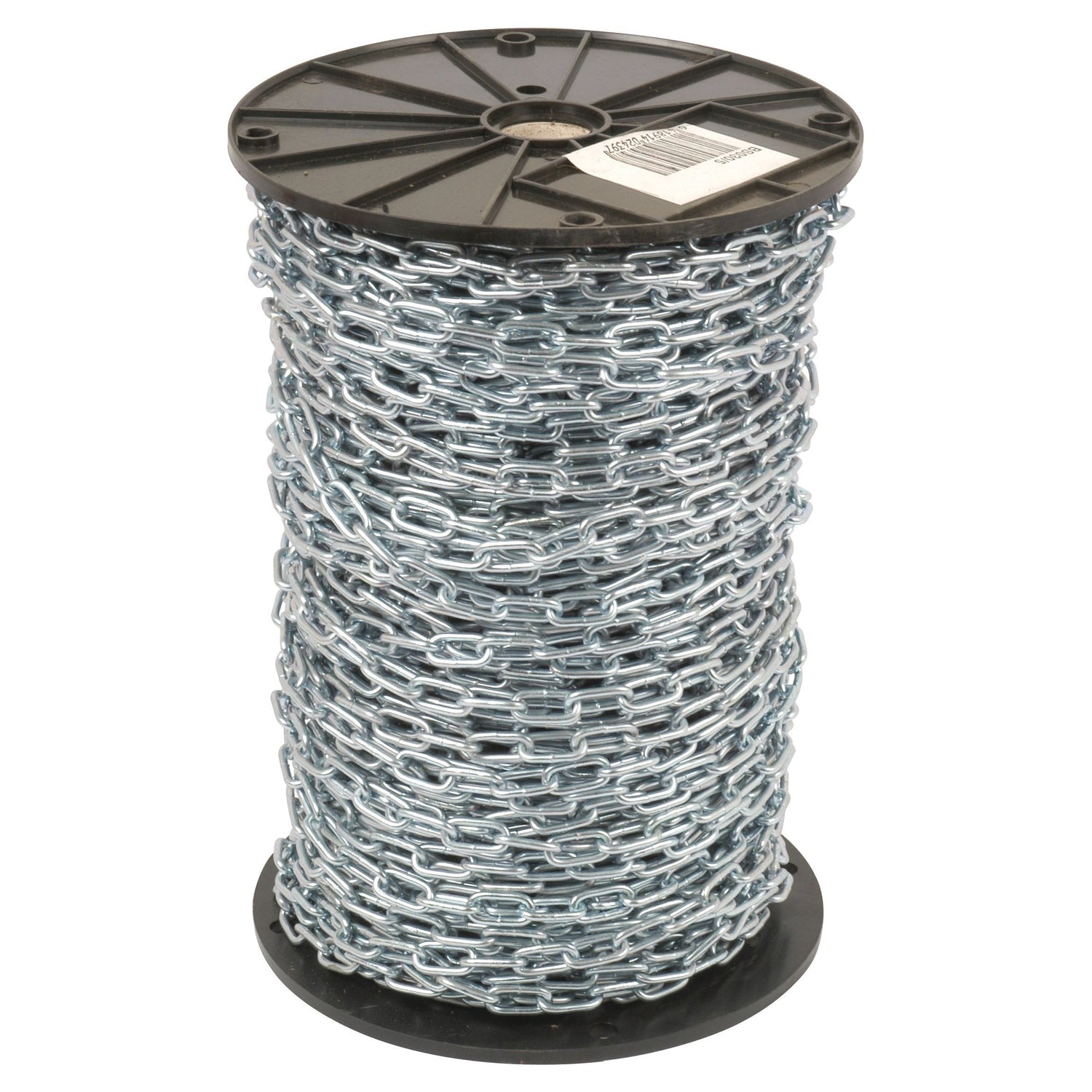 A large spool of the Sparex Short Link Chain 3 x 23 x 11mm x 100M - S.55524, zinc plated for enhanced durability, coiled neatly around a black plastic reel with a barcode label on top.