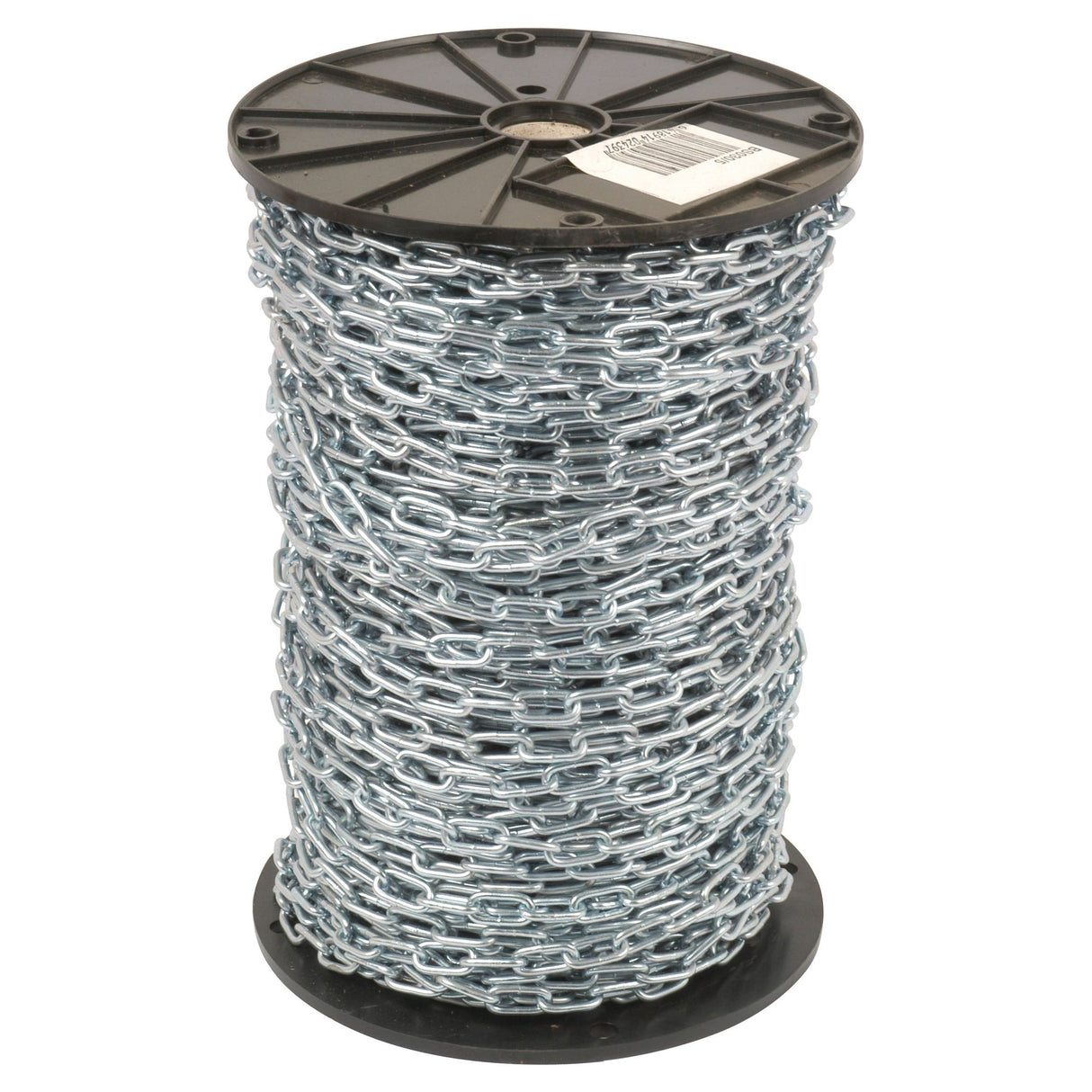 A large spool of the Sparex Short Link Chain 3 x 23 x 11mm x 100M - S.55524, zinc plated for enhanced durability, coiled neatly around a black plastic reel with a barcode label on top.