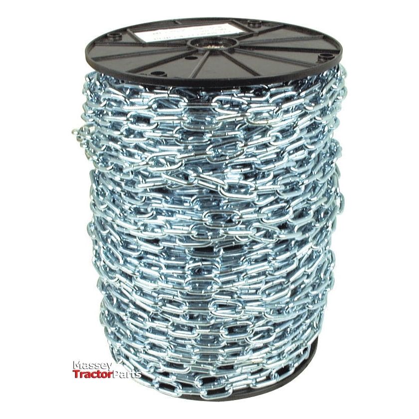 A large spool of shiny, zinc-plated Short Link Chain 4 x 29 x 15mm x 80M - S.55525 from Sparex is stacked with multiple layers of chain, featuring a black circular base and top. The logo "Massey Tractor Parts" is visible in the bottom left corner.