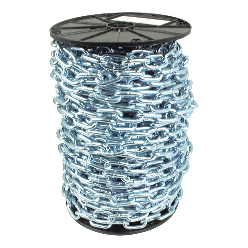 A large spool of the Short Link Chain 6 x 39 x 22mm x 35M - S.55527 by Sparex, made of thick zinc-plated metal, coiled and stacked vertically.