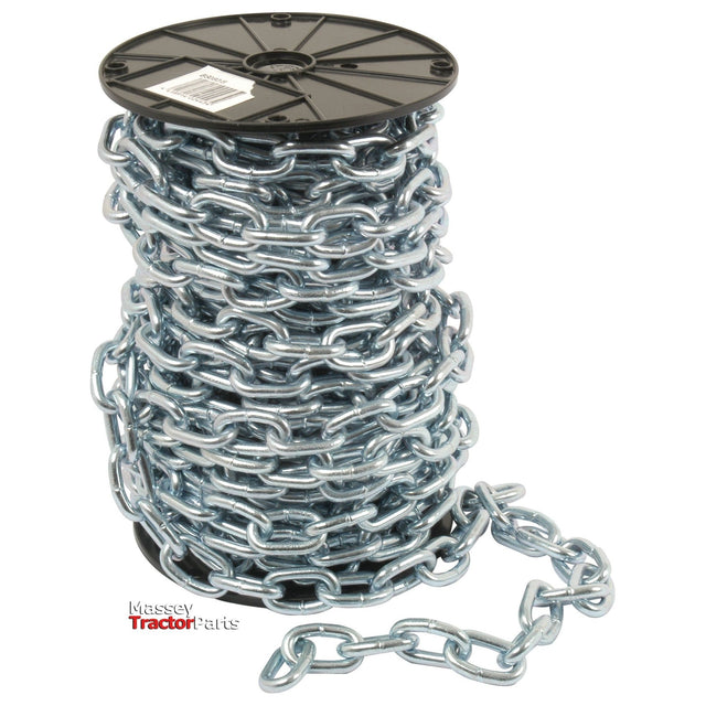 A large spool of heavy-duty, zinc-plated metal chain, with some chain hanging off, labeled "Massey Tractor Parts." The product is the Short Link Chain 8 x 47 x 30mm x 19M – S.55528 from the Sparex brand, designed for a safe working load to ensure secure use.