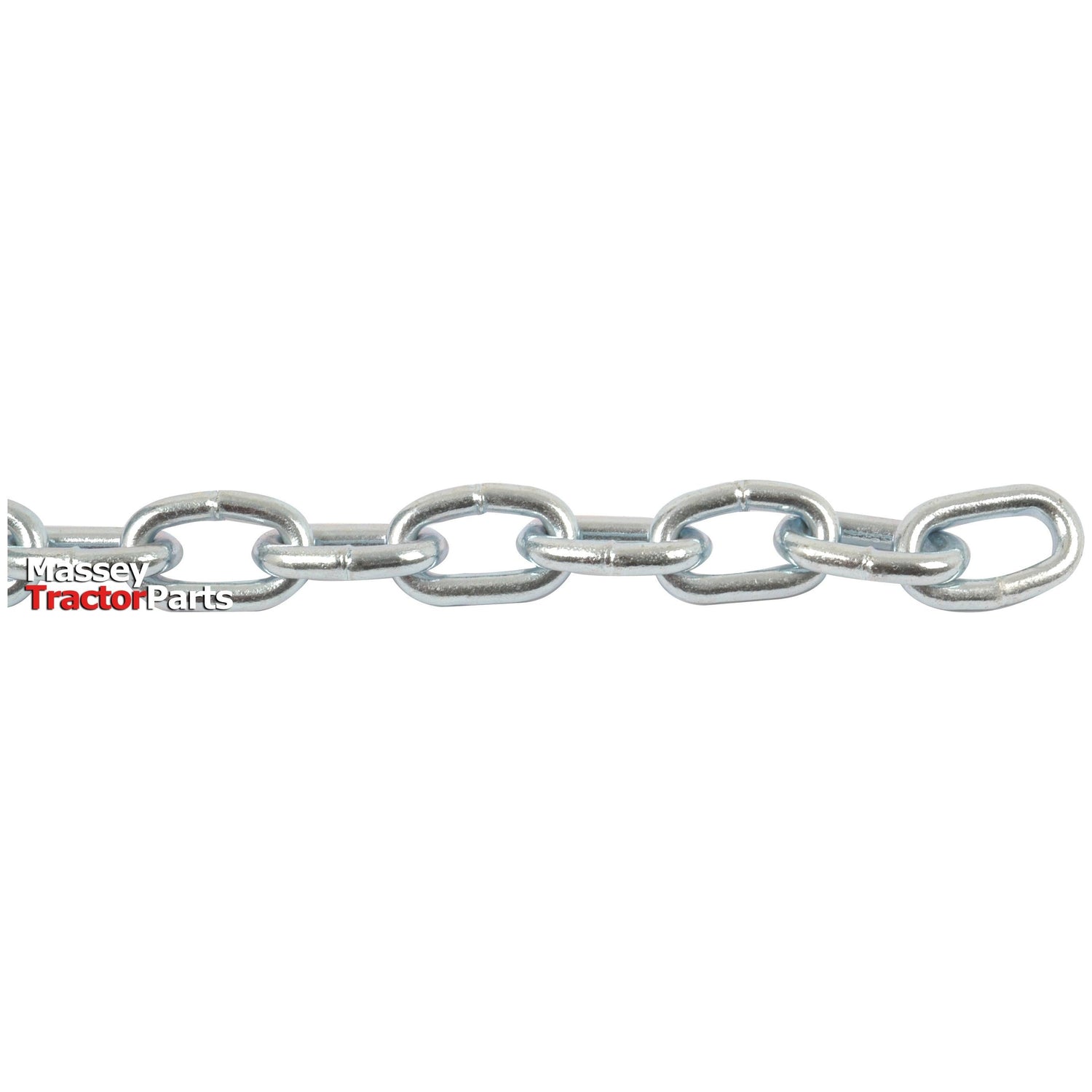 A close-up of a zinc-plated Short Link Chain 8 x 47 x 30mm x 19M - S.55528 by Sparex with the "Massey Tractor Parts" logo in the top left corner.