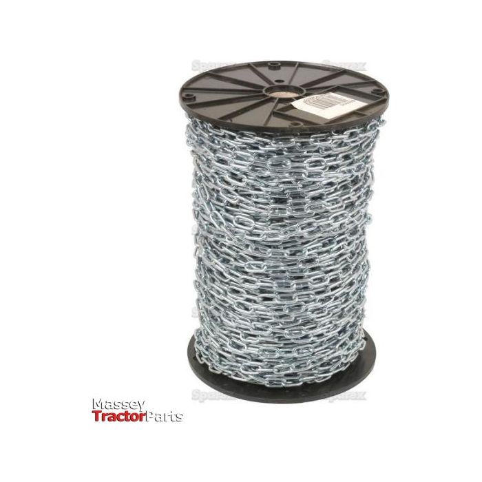 A spool of Short Link Chain 3 x 23 x 11mm x 100M by Sparex, featuring tightly coiled zinc-plated steel links, is placed against a white background. The spool has a black plastic core and is labeled "Massey Tractor Parts." This durable mild steel chain is designed for heavy-duty applications with maximum breaking strength.