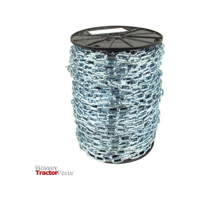 A large spool of Sparex Short Link Chain 4 x 29 x 15mm x 80M - S.55525 is coiled on a black reel. The words "Massey Tractor Parts" are partially visible on the lower left.