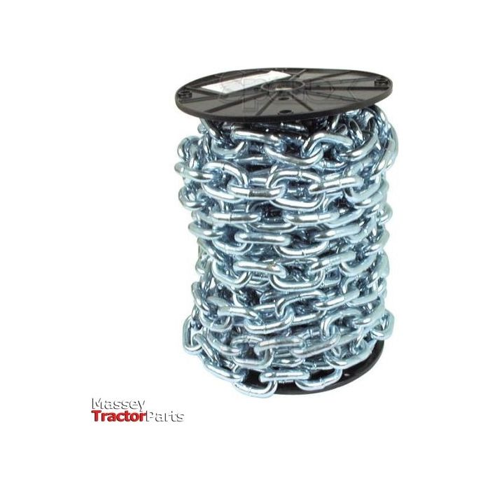 A spool of the Sparex Short Link Chain 10 x 53 x 35mm x 12M - S.55529 is coiled neatly, zinc plated for durability, with a Massey Tractor Parts logo in the bottom left corner.