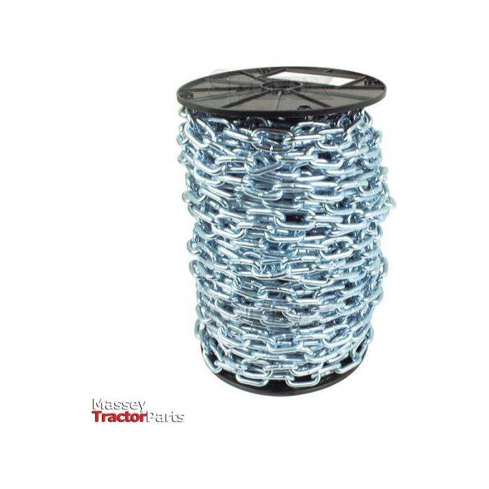 A large spool of shiny, heavy-duty Sparex Short Link Chain (6 x 39 x 22mm x 35M - S.55527), coiled neatly with a black circular top. The bottom left corner features the logo text "Massey Tractor Parts" in red and gray. Crafted from mild steel, this chain guarantees durability and a safe working load for various applications.