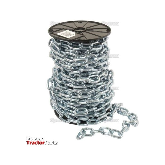 A large spool of Sparex Short Link Chain 8 x 47 x 30mm x 19M - S.55528, partially unspooled, sits on a white background. The chain is coiled tightly around the spool, showcasing its durability in mild steel. A section of the chain extends out to the right, ensuring a safe working load.