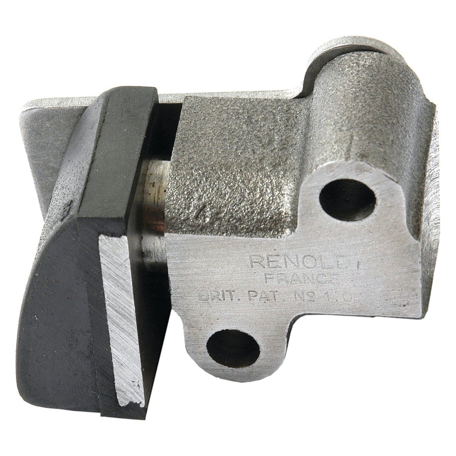 Metal automotive Chain Tensioner by Sparex, Part No. S.43592, with embossed text reading "RENOULT FRANCE BRIT. PAT. NO 1.40." Features a machined metal surface and a dark rectangular block attached to one side.