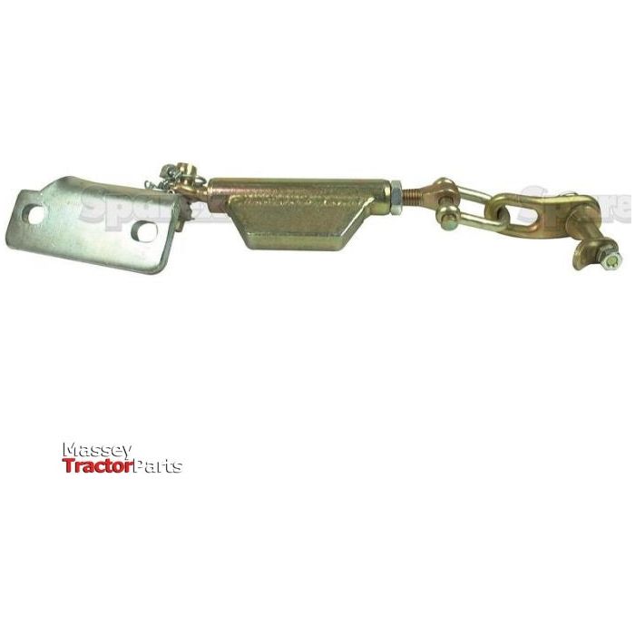 A metal tractor stabiliser chain featuring a rectangular mounting bracket, an adjustable link rod, and a clamping mechanism with connection points. The part, compatible with Massey Ferguson models, is labeled "Stabiliser Chain - Bracket - Thread Ø16mm - Min. Length: 387mm - 3/4 UNC | Sparex Part No.S.4249" by Sparex and specifies thread size for precise fitment.