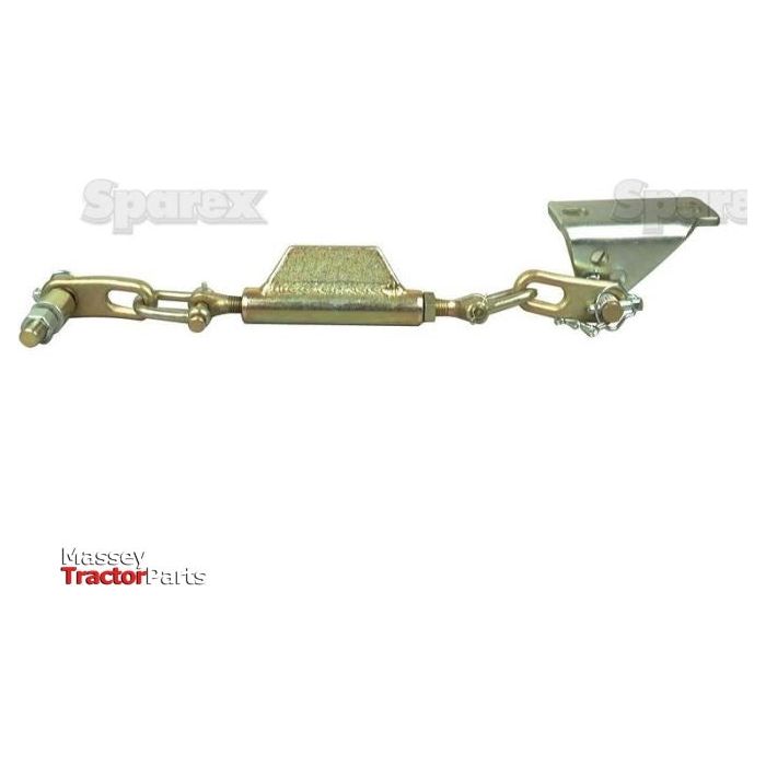 The Stabiliser Chain (Sparex Part No. S.5261) with a 19mm thread diameter and a minimum length of 540mm includes a bracket, connecting rod, bolts, and mounting bracket. The "Massey Tractor Parts" logo is visible in the bottom left corner. Compatible with Massey Ferguson models, it features high-quality end fittings from Sparex.