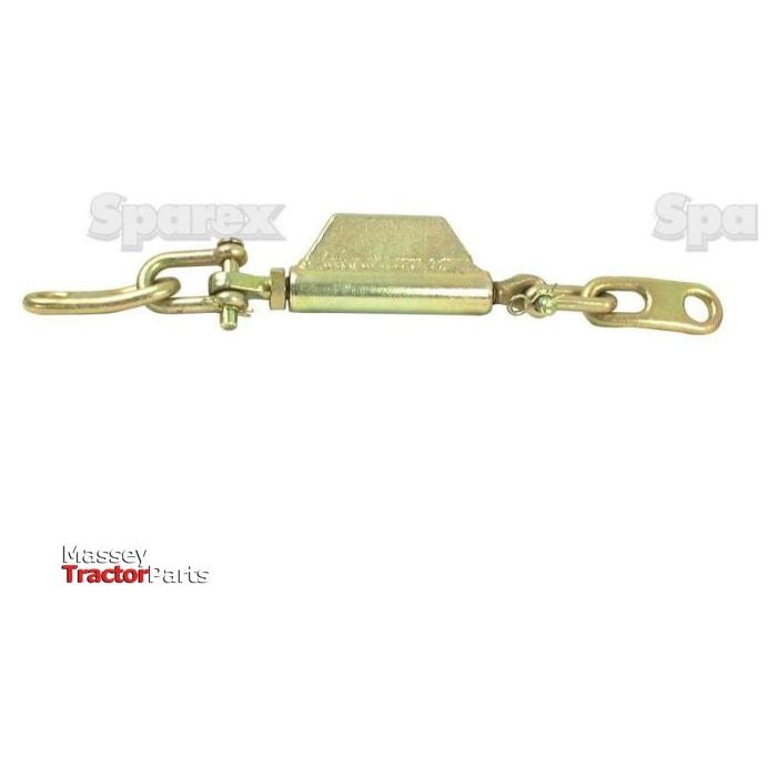 A metal mechanical part, labeled "Massey Tractor Parts" and "Sparex" in the background, known as the Stabiliser Chain (Sparex Part No. S.25271), features holes with a diameter of 23mm on both ends, a minimum length of 533mm, precise 3/4 UNC thread size, and durable end fittings.