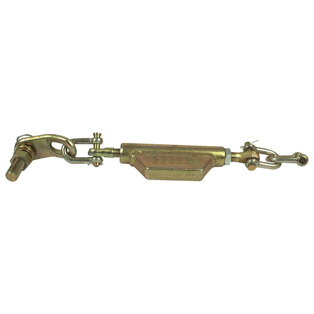The Sparex Stabiliser Chain (Part No.S.3290), with a pin diameter of 16mm, thread diameter of 19mm, and minimum length of 495mm, is perfect for tensioning wires or ropes in applications requiring robust durability.