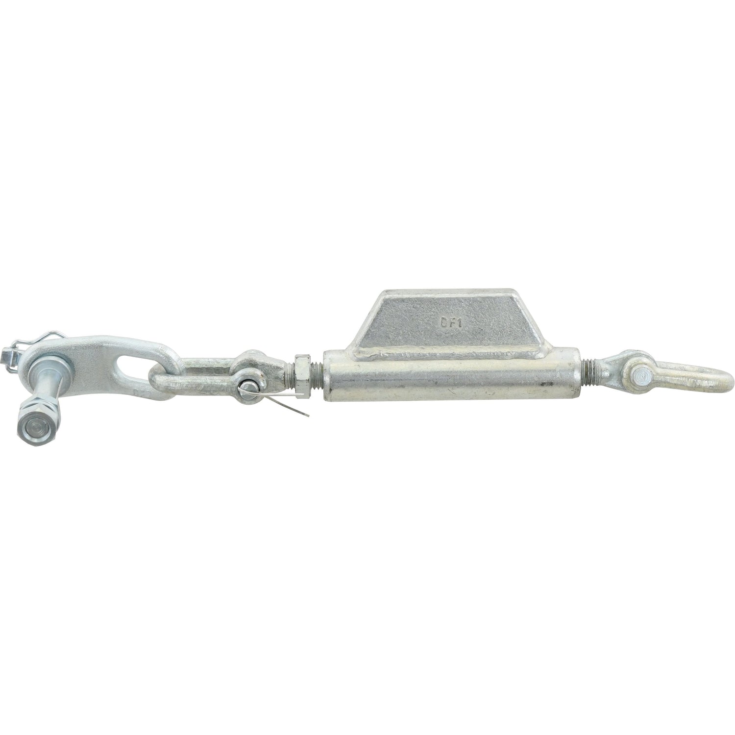 Close-up of the Stabiliser Chain – D-Shackle (Ø13mm, Thread Ø16mm) featuring a 3/4 UNC threaded bolt with an eye hook on one end and a hook on the other for tension adjustments. The device has a minimum length of 445mm and is equipped with Sparex End Fittings, making it Deutz-Fahr compatible. This product is identified by Sparex Part No. S.3319.