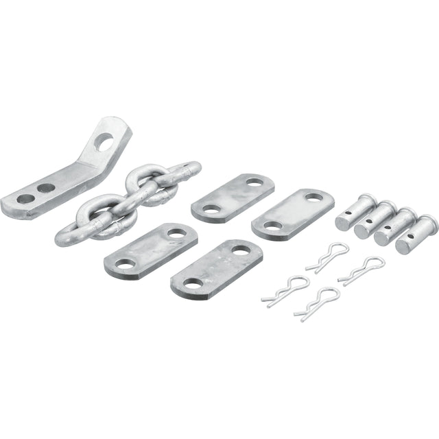A disassembled Sparex Check Chain hardware kit (Sparex Part No. S.42061), featuring 10 chain links, plates with Ø10x50mm holes, clevis pins, and cotter pins, laid out on a white background—ideal for those working on Massey Ferguson tractor parts.