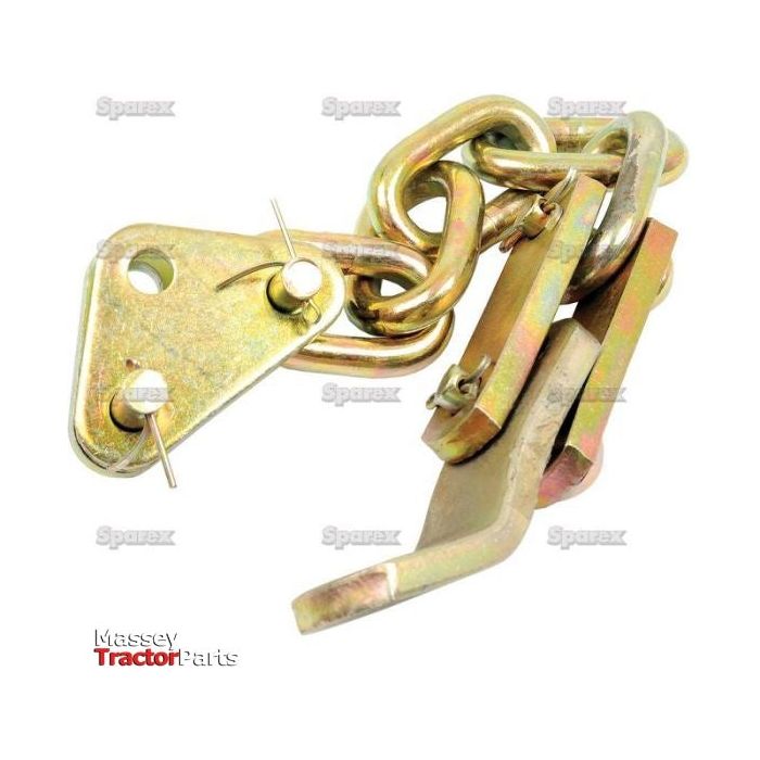 A metal tractor linkage with various components, including chains and brackets, is labeled "Check Chain - Links: 9 - Hole Ø12.5x40mm | Sparex Part No.S.42072" and prominently features the brand name "Sparex" in the background repeatedly. Suitable for Massey Ferguson models, it ensures reliable performance.